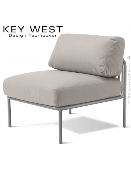 Module central banquette KEY-WEST, structure gris Tourterelle, assise 2 coussins tissu crème, tressage corde crème.