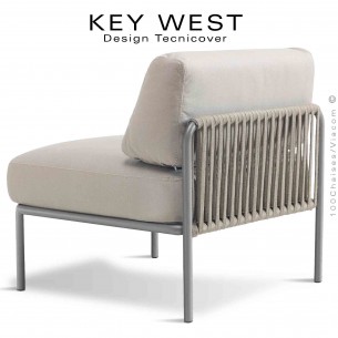 Module central banquette KEY-WEST, structure gris Tourterelle, assise 2 coussins tissu crème, tressage corde crème.