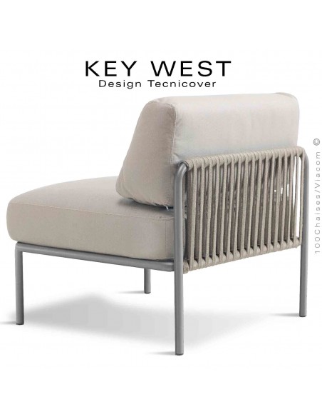 Module central banquette KEY-WEST, structure gris Tourterelle, assise 2 coussins tissu crème, tressage corde crème.