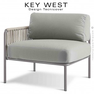 Module gauche banquette lounge KEY-WEST, structure Tourterelle, coussins tissu crème, tressage corde crème.