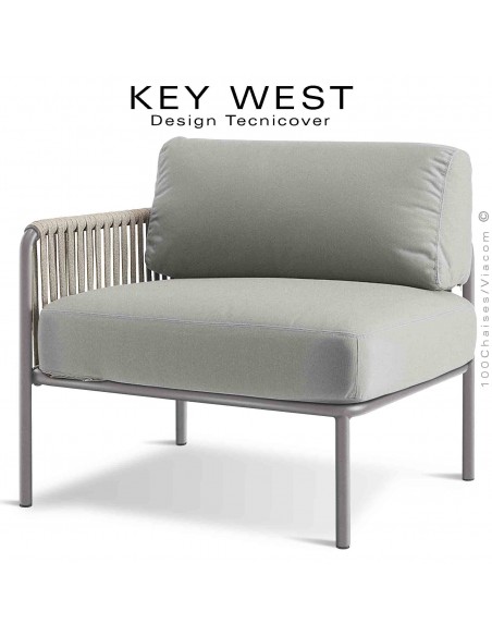 Module gauche banquette lounge KEY-WEST, structure Tourterelle, coussins tissu crème, tressage corde crème.