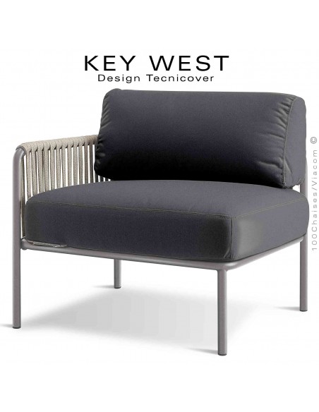 Module gauche banquette lounge KEY-WEST, structure Tourterelle, coussins tissu gris foncé, tressage corde crème.