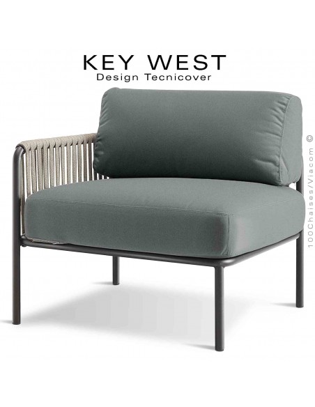 Module gauche banquette lounge KEY-WEST, structure noir, coussins tissu gris argent, tressage corde crème.