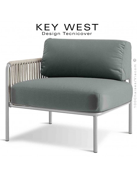 Module gauche banquette lounge KEY-WEST, structure blanc perle, coussins tissu gris-argent, tressage corde crème.