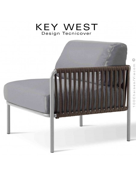 Module droit banquette KEY-WEST, avec accoudoir, acier peint blanc perle, assise habillage tissu argent, corde taupe.
