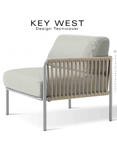 Module droit banquette KEY-WEST, avec accoudoir, acier peint blanc perle, assise habillage tissu crème, corde crème.
