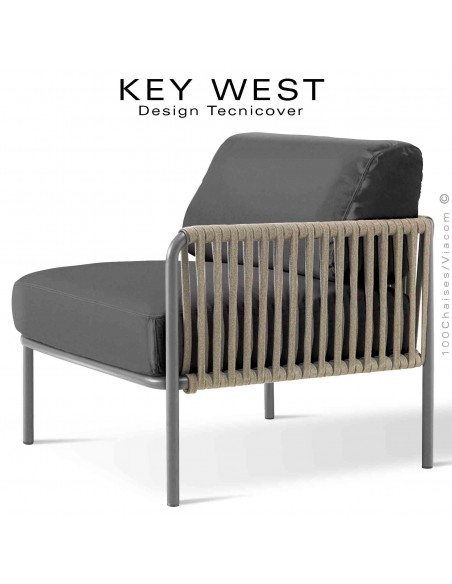 Module droit banquette KEY-WEST, avec accoudoir, acier peint gris tourterelle, assise habillage tissu gris foncé, corde crème.