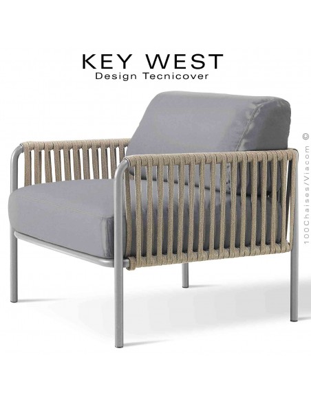 Fauteuil d'extérieur KEY-WEST, acier peint blanc perle, assise deux coussins, habillage tissu argent, tressage corde crème.
