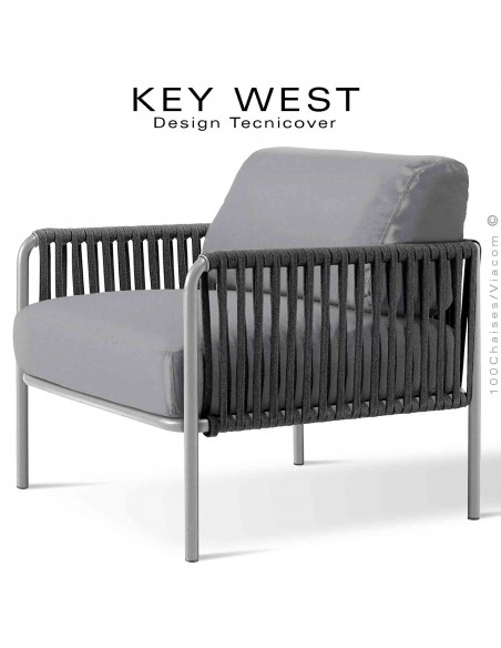 Fauteuil d'extérieur KEY-WEST, acier peint blanc perle, assise deux coussins, habillage tissu argent, tressage corde noir.