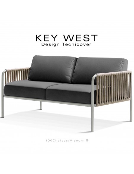 Canapé d'extérieur KEY-WEST, acier blanc perle, assise 2 places avec coussins tissu gris foncé, tressage corde marine crème.