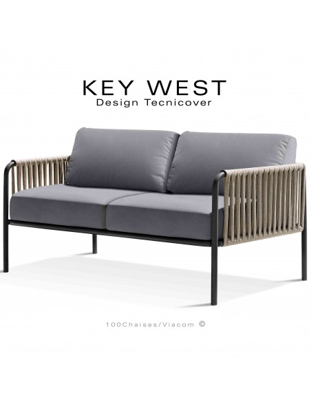 Canapé d'extérieur KEY-WEST, acier peint noir, assise 2 places avec coussins tissu argent, tressage corde marine crème.