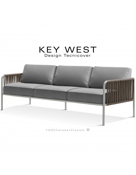 Canapé d'extérieur KEY-WEST, peint blanc perle, assise 3 places, coussins tissu argent, tressage corde marine taupe.