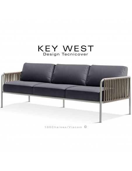 Canapé d'extérieur KEY-WEST, peint blanc perle, assise 3 places, coussins tissu gris foncé, tressage corde marine crème.
