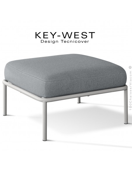 Pouf ou module banquette pour extérieur KEY-WEST, structure peint blanc perle, assise confort coussin, tissu argent.