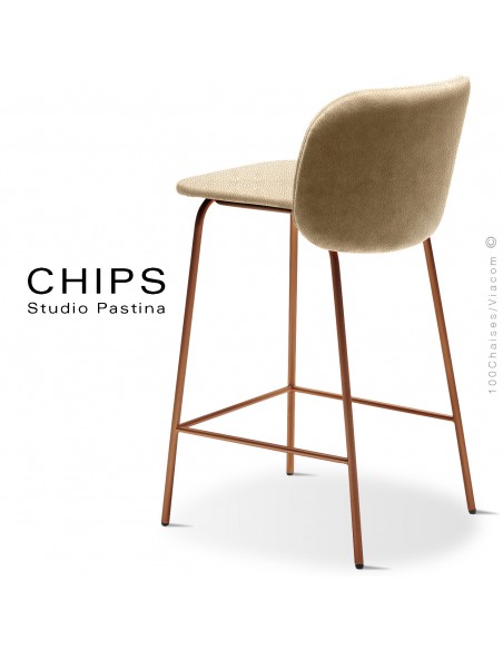 Tabouret de cuisine confort CHIPS-65, piétement acier peint Terracotta, assise et dossier cuir crème.