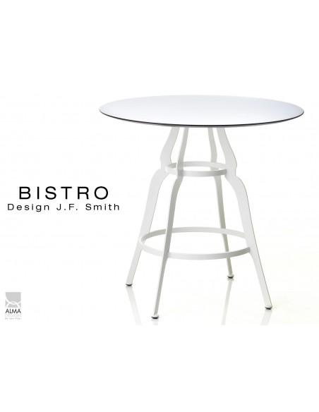 BISTRO table ronde au design rétro, pied et plateau blanc.