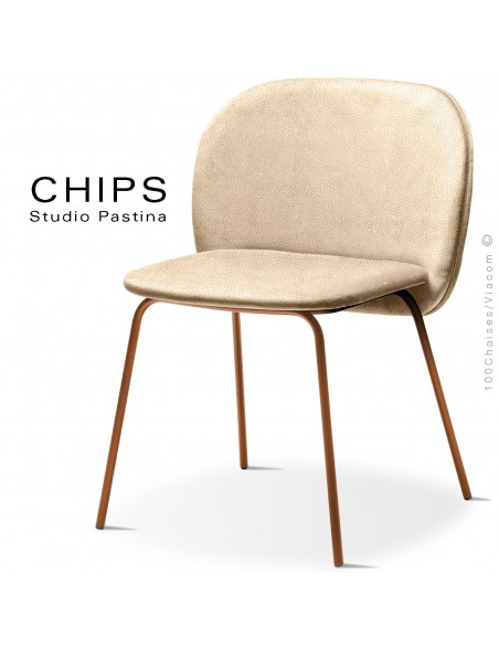 Chaise confort design CHIPS, piétement acier peint terracotta, assise et dossier cuir synthétique crème 1003.