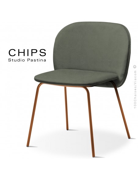 Chaise confort design CHIPS, piétement acier peint terracotta, assise et dossier cuir synthétique vert kaki 1012.