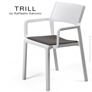 Fauteuil design TRILL, structure monobloc, 4 pieds avec accoudoirs, couleur blanc, assise avec coussin graphite.