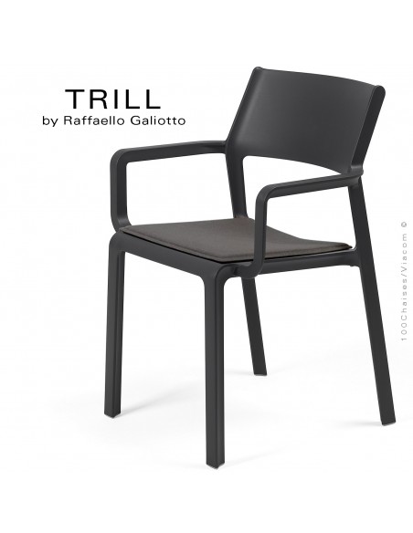 Fauteuil design TRILL, structure monobloc, 4 pieds avec accoudoirs, couleur anthracite, assise avec coussin graphite.