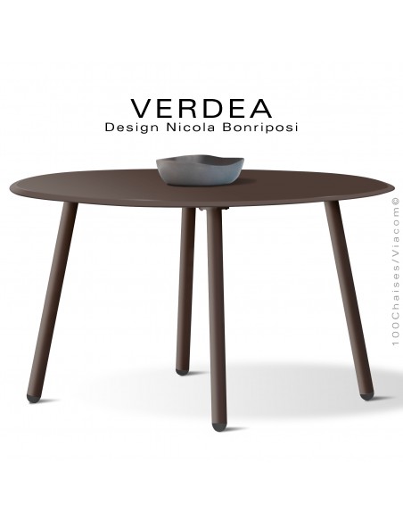 Table ronde d'extérieur VERDEA, plateau et structure aluminium peint bronze, chants plateaux inclinés ou biseautés.