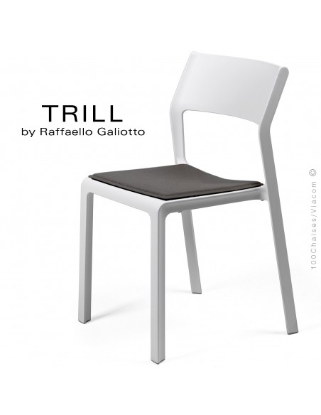 Chaise design TRILL, structure plastique couleur blanche, 4 pieds, assise avec coussin tissu graphite - Lot de 6 pièces.