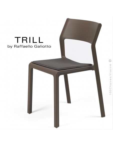 Chaise design TRILL, structure plastique couleur marron, 4 pieds, assise avec coussin tissu graphite - Lot de 6 pièces.