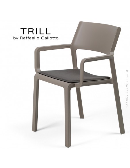 Fauteuil design TRILL, structure 4 pieds avec accoudoirs, assise plastique couleur gris Tourterelle avec coussin Graphite