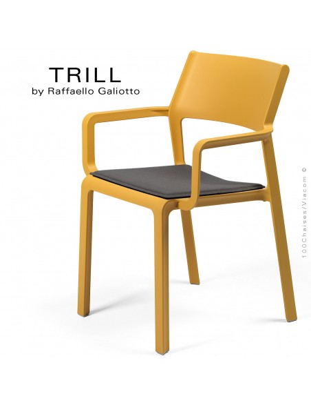 Fauteuil design TRILL, structure 4 pieds avec accoudoirs, assise plastique couleur jaune avec coussin d'assise Graphite.