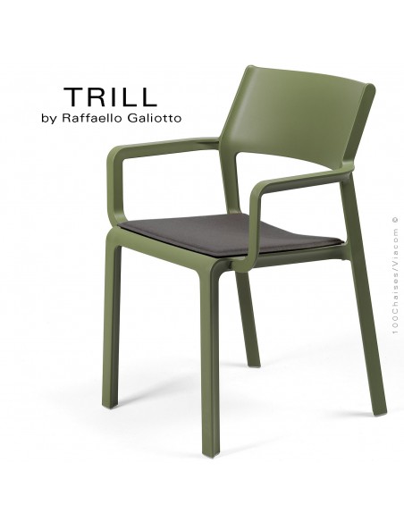 Fauteuil design TRILL, structure 4 pieds avec accoudoirs, assise plastique couleur vert avec coussin d'assise Graphite.