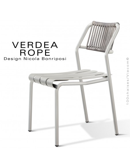 Chaise confort d'extérieur VERDEA, structure aluminium peint blanc perle, dossier corde marine crème - Lot de 2 pièces.