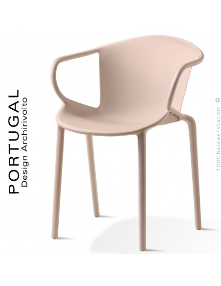 Fauteuil plastique design PORTUGAL, structure polypropylène couleur tose, avec accoudoirs, empilable.