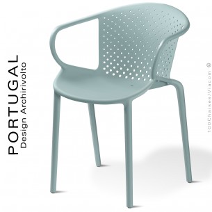 Fauteuil design plastique dossier micro perforé PORTUGAL, structure couleur bleu azur, avec accoudoirs, empilable.