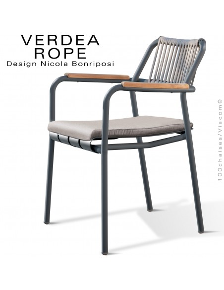 Fauteuil confort d'extérieur VERDEA, structure aluminium peint anthracite, dossier corde marine crème, assise coussin argile.