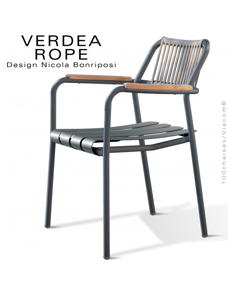 Fauteuil confort d'extérieur VERDEA, structure aluminium peint anthracite, dossier corde marine crème.