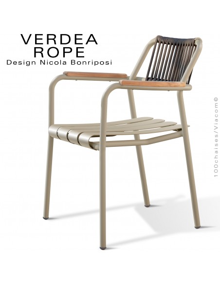 Fauteuil confort d'extérieur VERDEA, structure aluminium peint beige, dossier corde marine taupe.