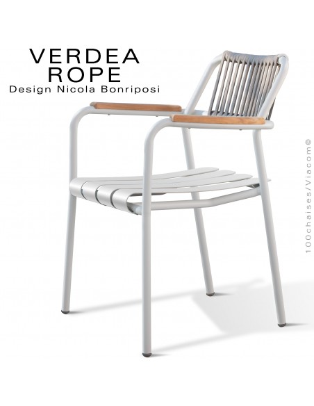 Fauteuil confort d'extérieur VERDEA, structure aluminium peint blanc, dossier corde marine crème.