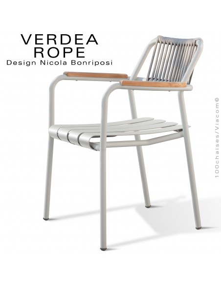 Fauteuil confort d'extérieur VERDEA, structure aluminium peint blanc perle, dossier corde marine crème.