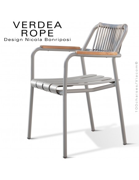 Fauteuil confort d'extérieur VERDEA, structure aluminium peint gris Tourterelle, dossier corde marine crème.