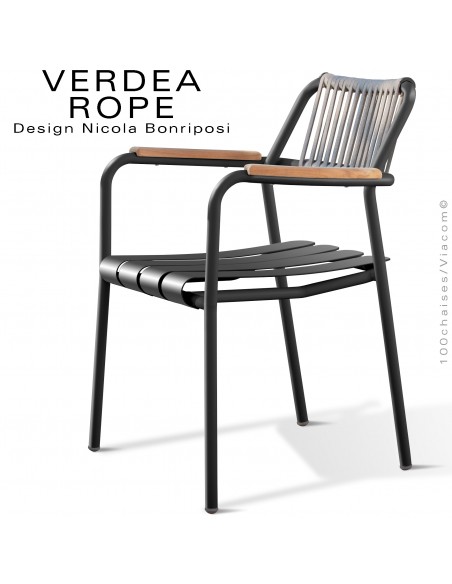 Fauteuil confort d'extérieur VERDEA, structure aluminium peint noir, dossier corde marine crème.