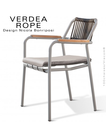 Fauteuil confort d'extérieur VERDEA, structure aluminium peint gris Tourterelle, dossier corde taupe, assise coussin argile.