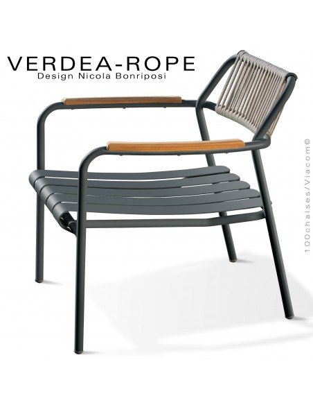Fauteuil lounge d'extérieur VERDEA, structure aluminium peint anthracite, dossier corde crème.