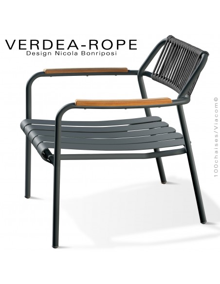 Fauteuil lounge d'extérieur VERDEA, structure aluminium peint anthracite, dossier corde noir.