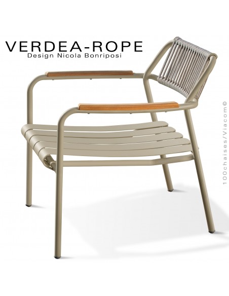 Fauteuil lounge d'extérieur VERDEA, structure aluminium peint beige, dossier corde crème.