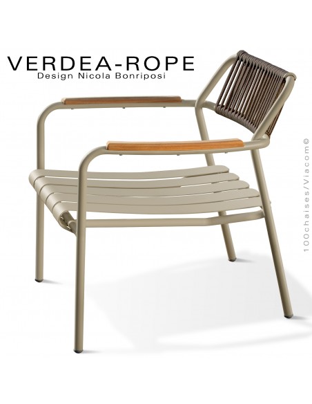 Fauteuil lounge d'extérieur VERDEA, structure aluminium peint beige, dossier corde marron.