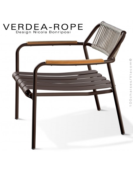 Fauteuil lounge d'extérieur VERDEA, structure aluminium peint bronze, dossier corde crème.