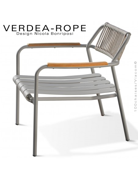 Fauteuil lounge d'extérieur VERDEA, structure aluminium peint gris tourterelle, dossier corde marine crème.