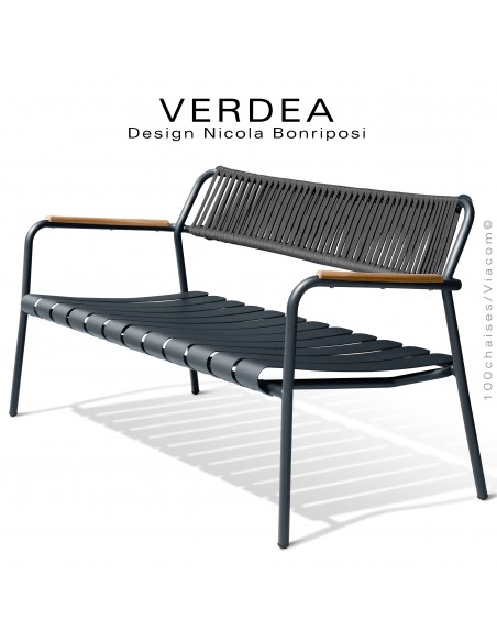 Canapé 2 places d'extérieur VERDEA, structure aluminium peint anthracite, corde noir, accoudoirs teck.