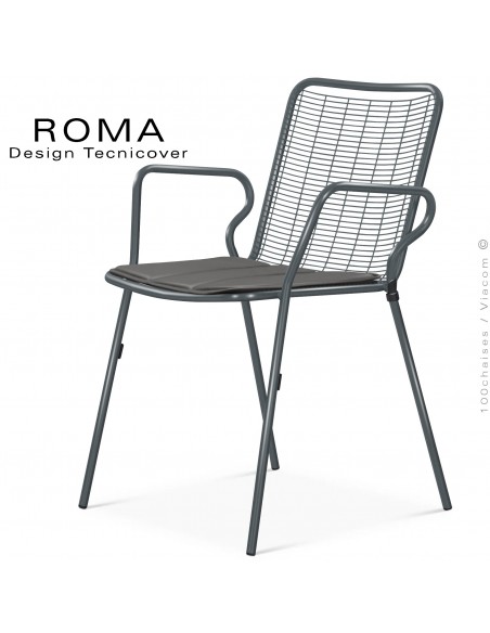 Fauteuil repas d'extérieur ROMA, structure acier galvanisé peint anthracite avec accoudoirs et coussin couleur gris foncé.