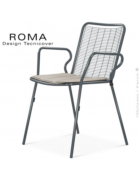 Fauteuil repas d'extérieur ROMA, structure acier galvanisé peint anthracite avec accoudoirs et coussin couleur argile.
